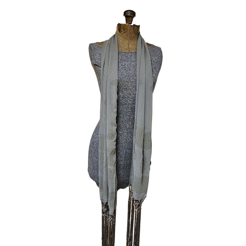 A.Brod Fashion Accessories Lightweight Grey Scarf Gold Paisley Pattern Fringe